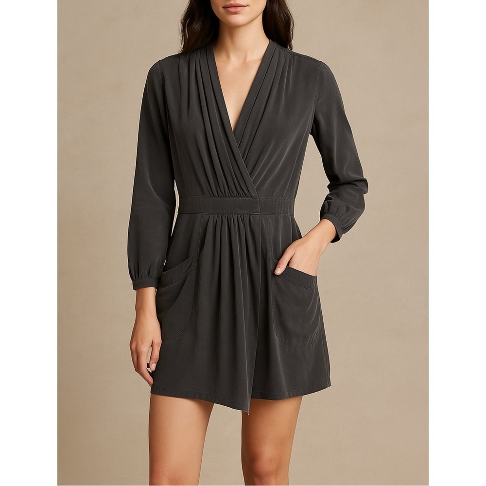 Ever 100% Silk Pleated Charcoal Gray Wrap Mini Dress S Quiet Luxury Minimalist